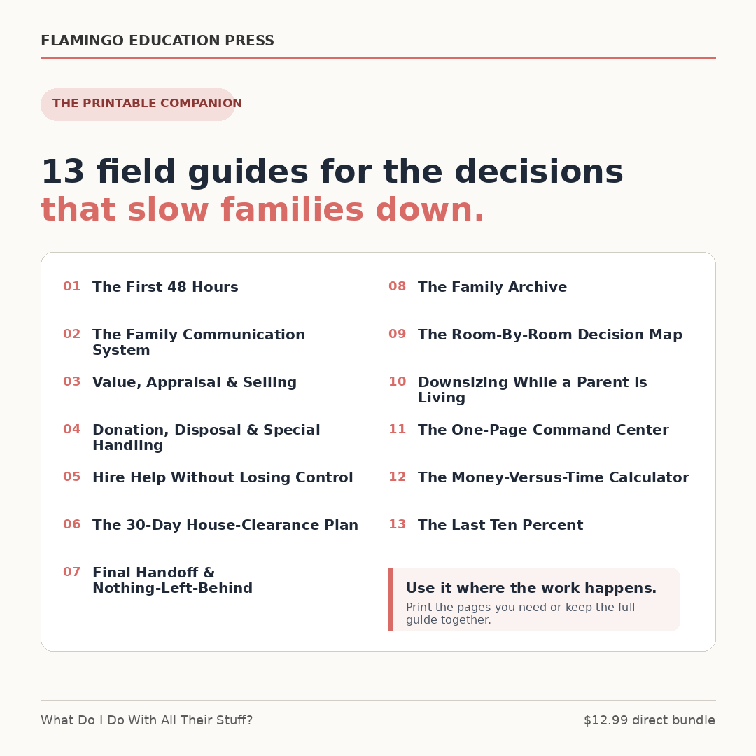 Printable companion featuring 13 field guides for clearing a parent’s home and making practical cleanout decisions