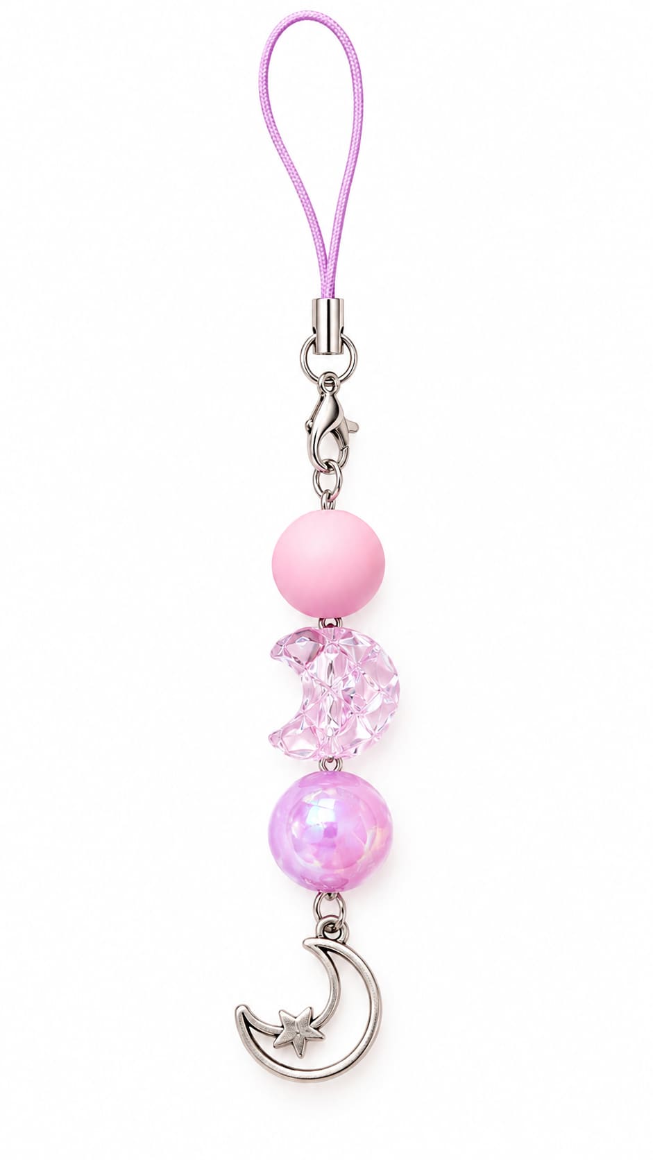 Celestial bridal moon phone charm featuring a matte pink bead, a faceted transparent pink crescent moon, an iridescent purple round bead, and a silver moon pendant.