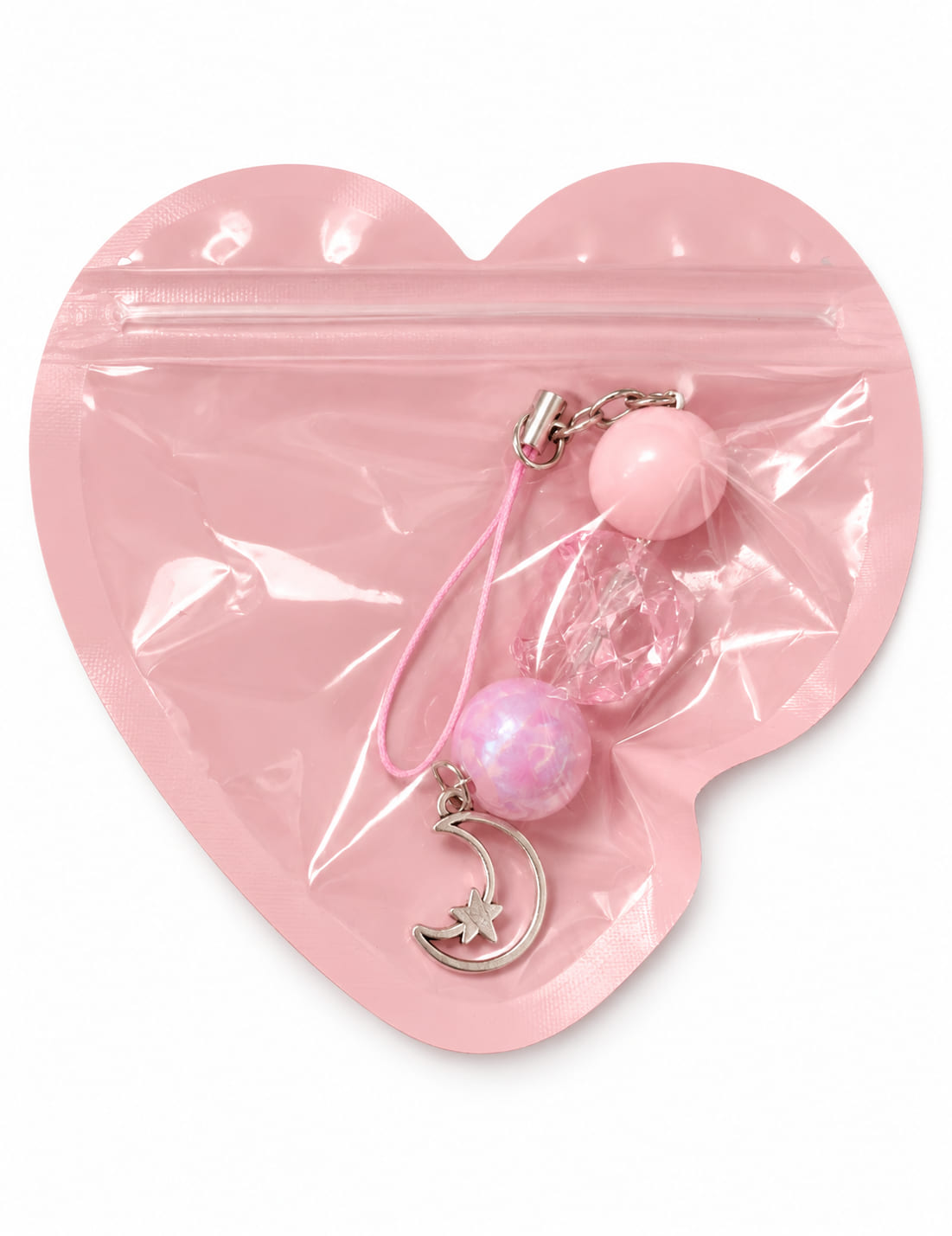Celestial themed pink and purple bridal keepsake charm displayed inside a pink heart-shaped protective gift packaging pouch.