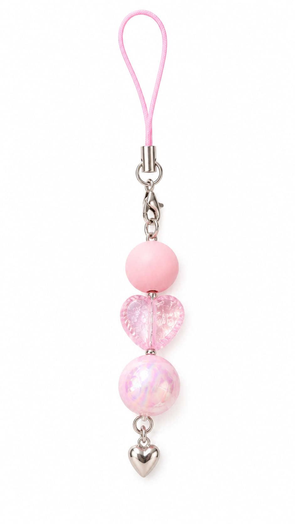 Blush pink bridesmaid charm featuring a matte round bead, a textured translucent pink heart, an iridescent pink bead, and a silver heart accent.