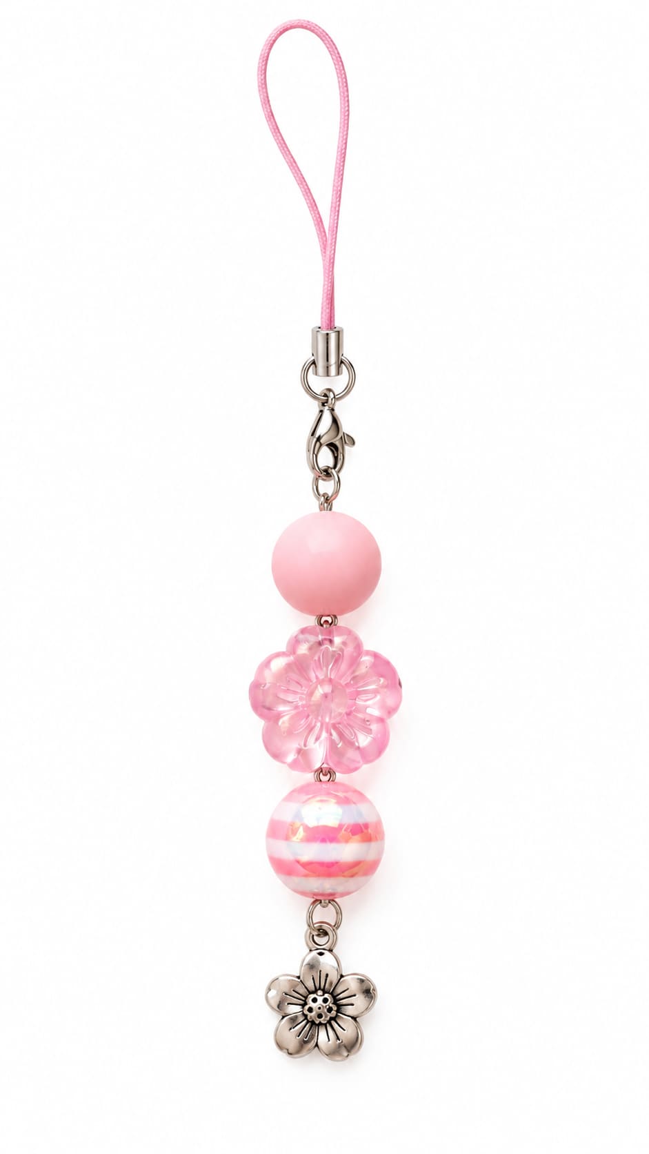 Sweet bloom pastel wedding charm with a clear pink flower and striped bead, displayed inside a pink heart-shaped zipper bag.
