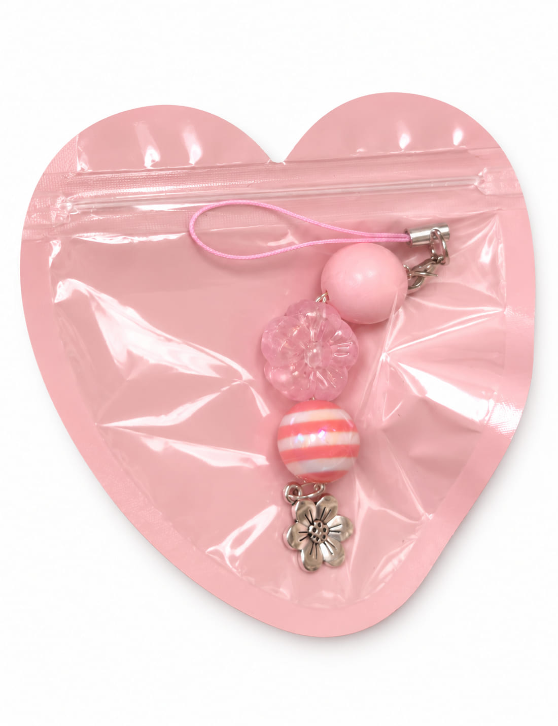 Sweet bloom bridal charm featuring a matte pink bead, a clear pink flower bead, a pink-and-white striped candy bead, and an antique silver flower pendant.
