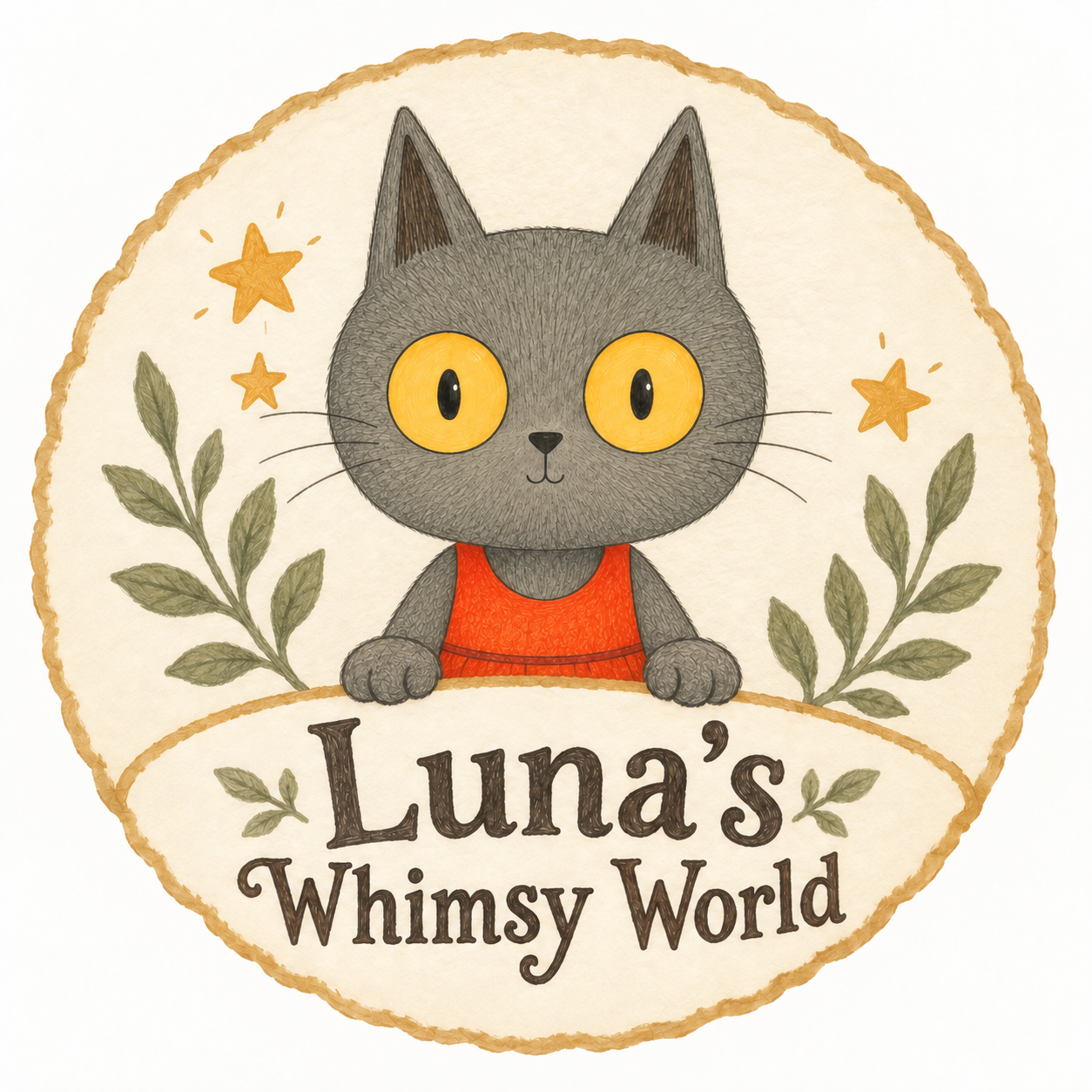 Luna's Whimsy World - a small grey cat in an orange dress