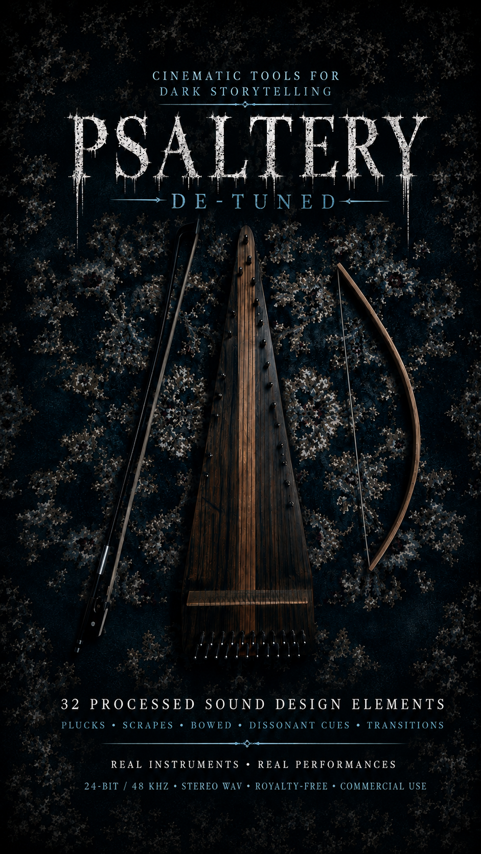 Psaltery De-Tuned: 32 royalty-free cinematic horror sound effects made from real detuned psaltery performances. Bowed strings, eerie plucks, dissonant cues, resonance and transitions for filmmakers, game developers, composers and sound designers.