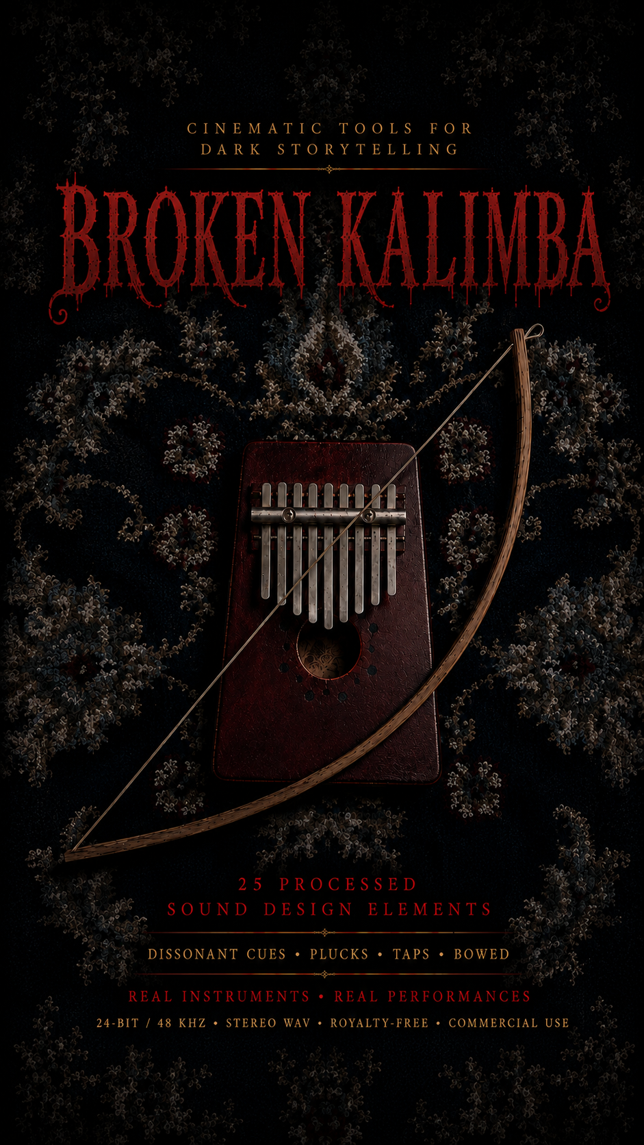 Broken Kalimba: 25 royalty-free cinematic horror sound effects created from a real broken kalimba. Metallic plucks, taps, bowed textures, dissonant cues and eerie resonance for filmmakers, game developers, composers and sound designers.