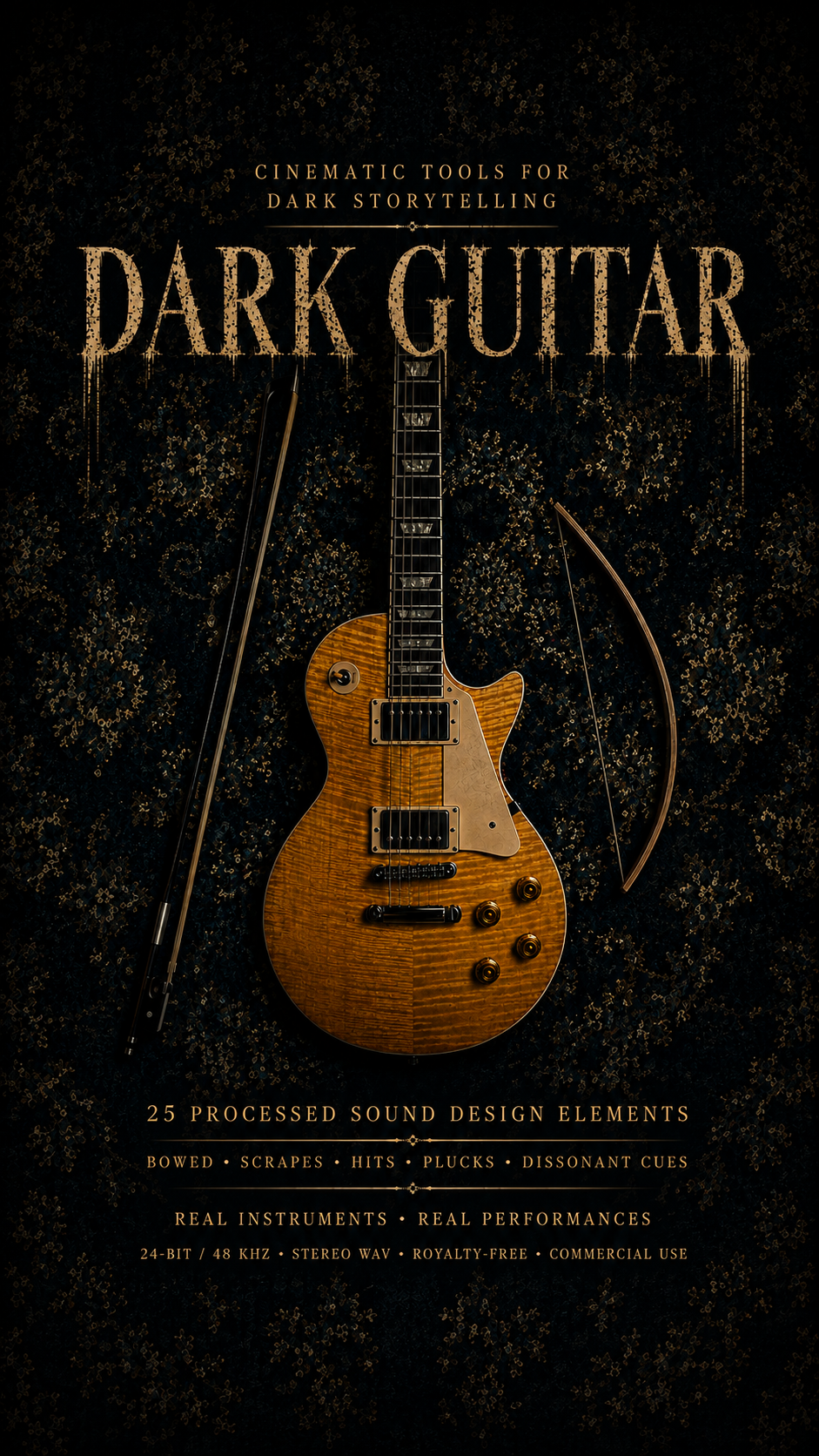Dark Guitar: 25 royalty-free cinematic horror sound effects made from real electric guitar performances. Bowed strings, scrapes, dissonant melodies, eerie textures and transitions for filmmakers, game developers, editors and sound designers.