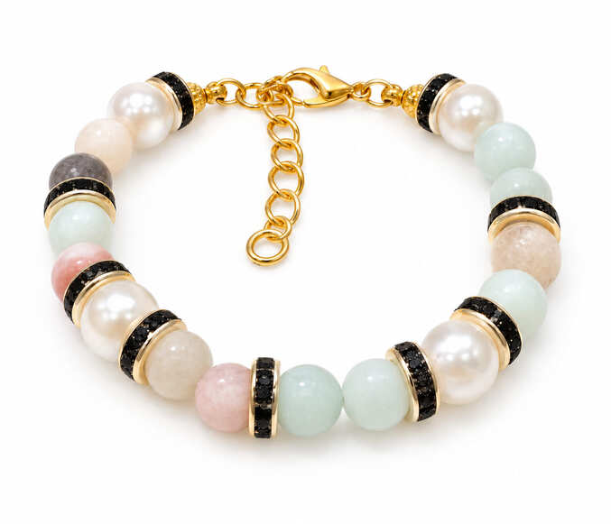 Handmade pastel natural stone and pearl bracelet with black crystal spacers and gold-toned details. Adjustable 5.5–7.5". Handmade in the UK.