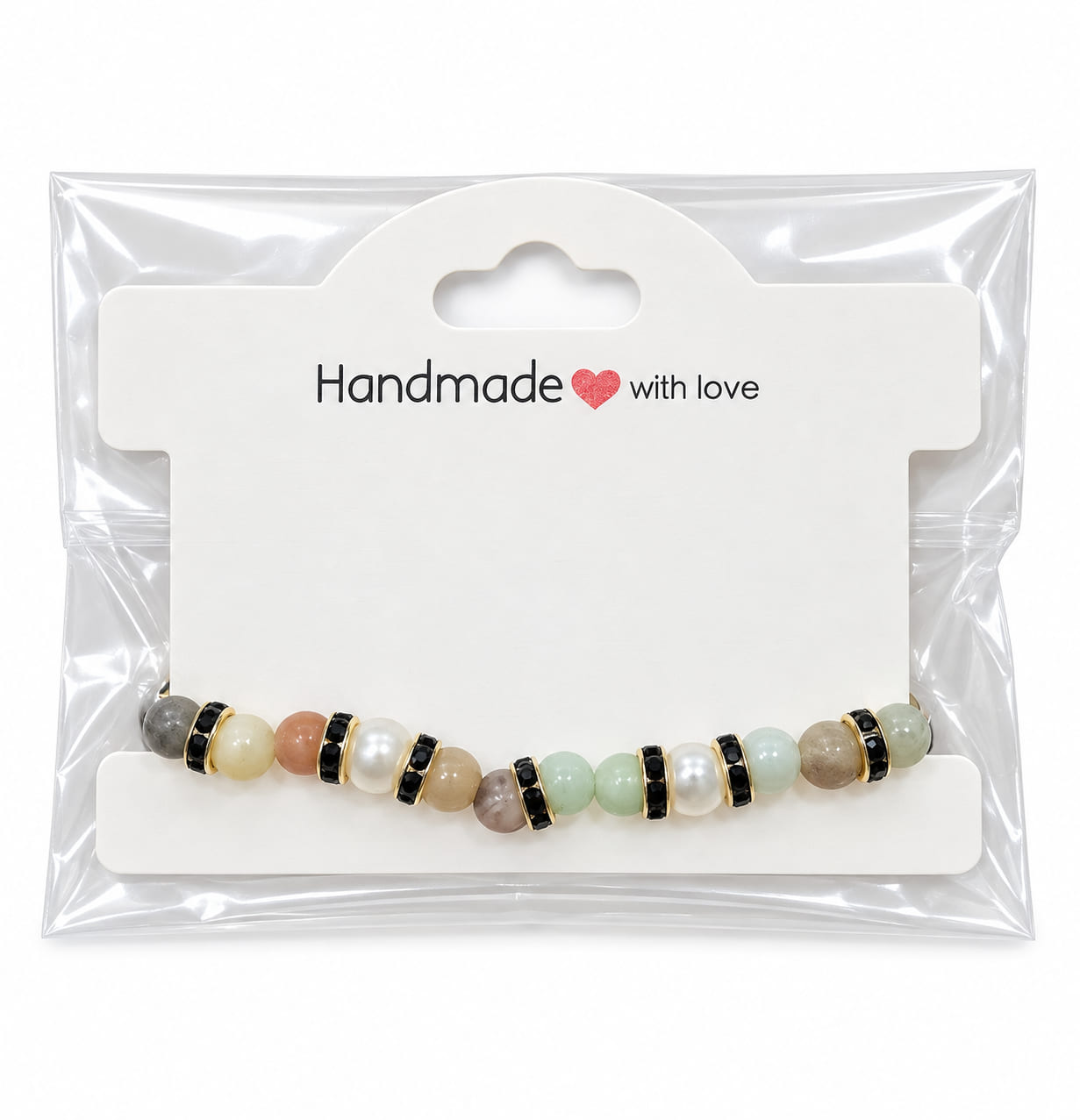 Handmade pastel natural stone and pearl bracelet with black crystal spacers and gold-toned clasp