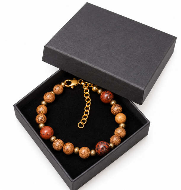 Golden Swan natural gemstone and wood bracelet presented in a black jewellery gift box
