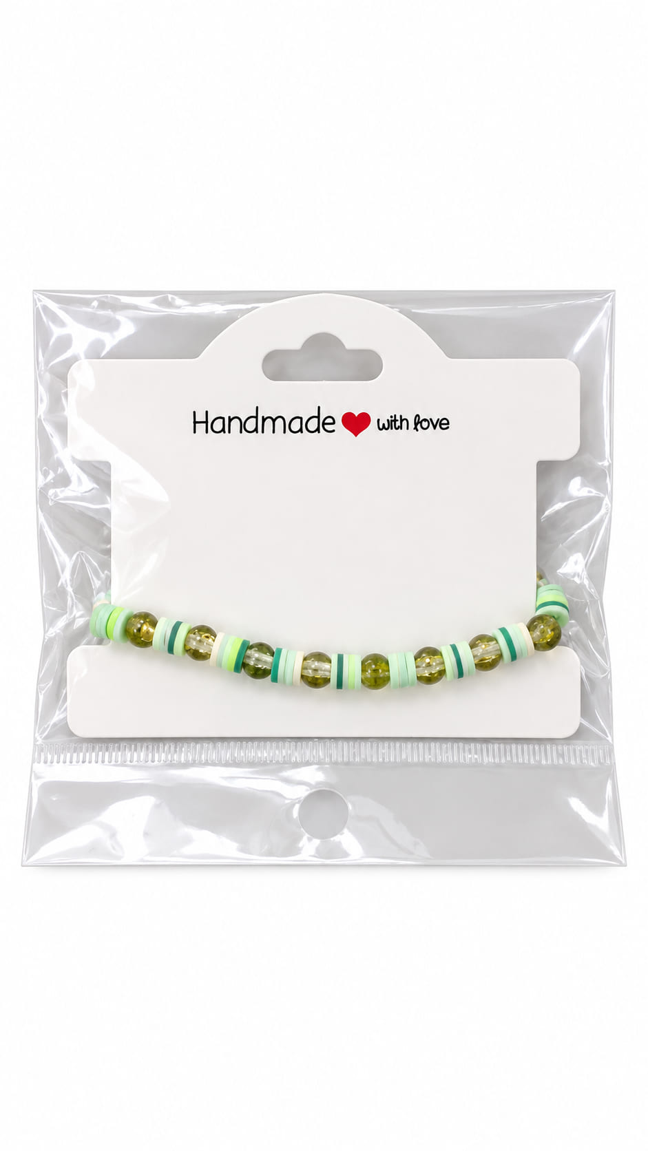 Green botanical beaded bracelet presented on a Handmade with love jewellery display card in a protective clear sleeve