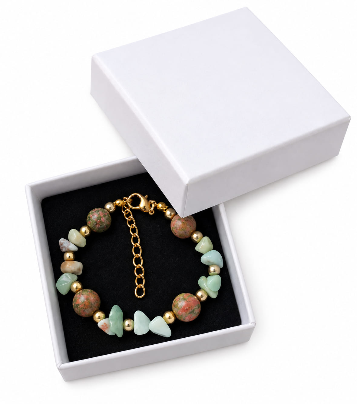 Genuine Unakite and irregular natural stone bracelet with gold-toned details presented in a white jewellery gift box