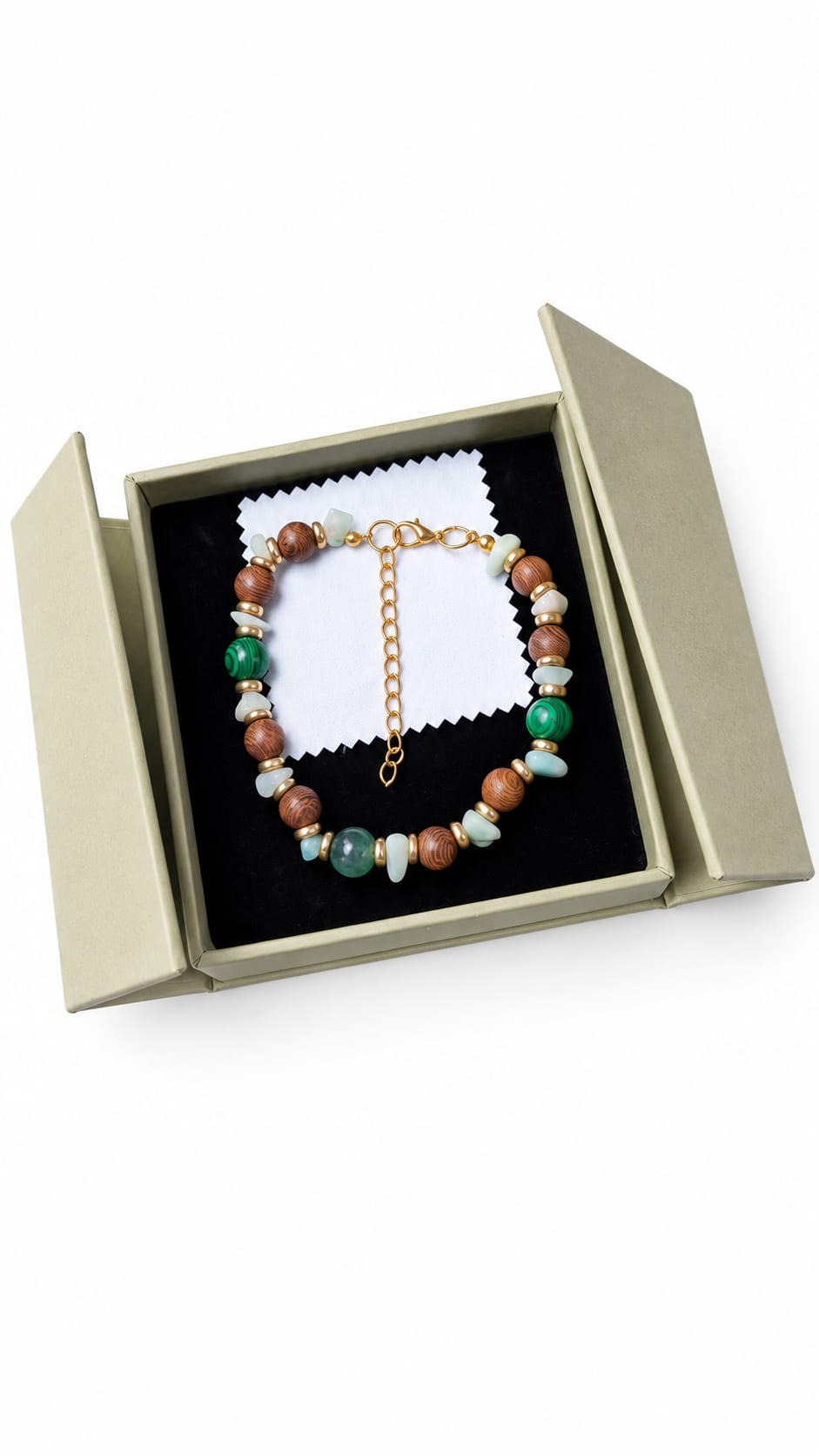 Genuine malachite and chalcedony gemstone bracelet with wooden beads presented in a sage green jewellery gift box