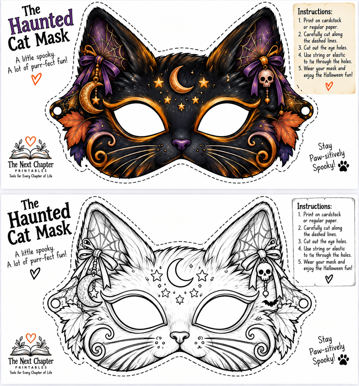 Twisted Cat Mask Halloween printable featuring a spooky black cat mask and matching printable pieces.