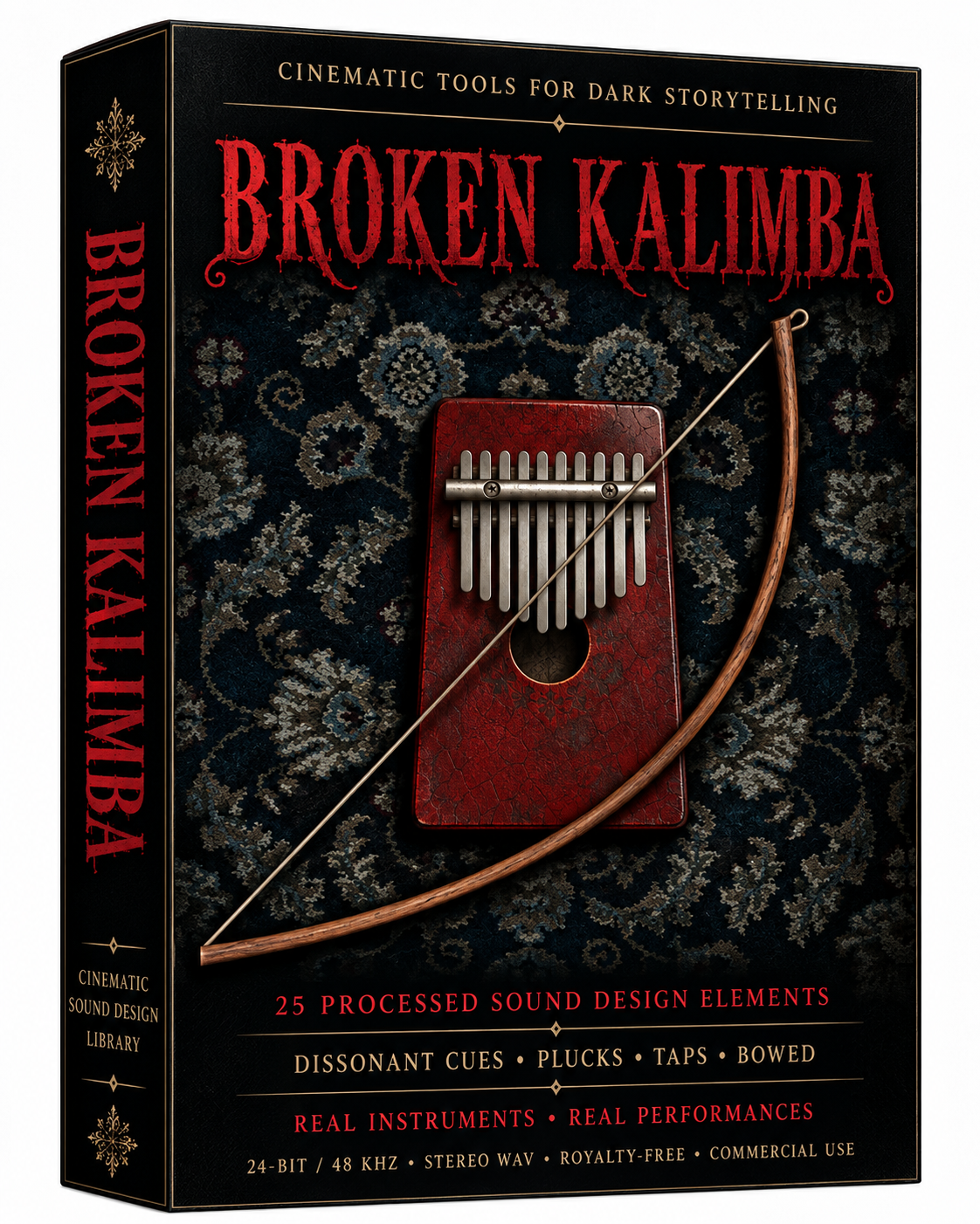 Cinematic kalimba effects with dark plucks, unsettling taps, bowed resonance and experimental textures. Royalty-free 24-bit/48 kHz WAV created for thriller scoring, horror scenes, game audio and atmospheric sound design.