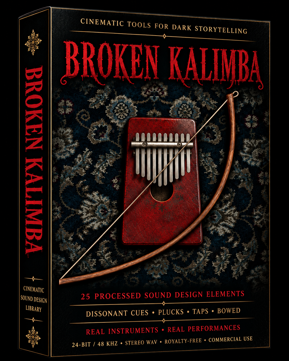 Broken kalimba cinematic sound effects with haunting plucks, percussive taps, bowed textures and dissonant tones. Organic 24-bit/48 kHz stereo WAV recordings for horror, suspense, trailers, film scoring and game audio.