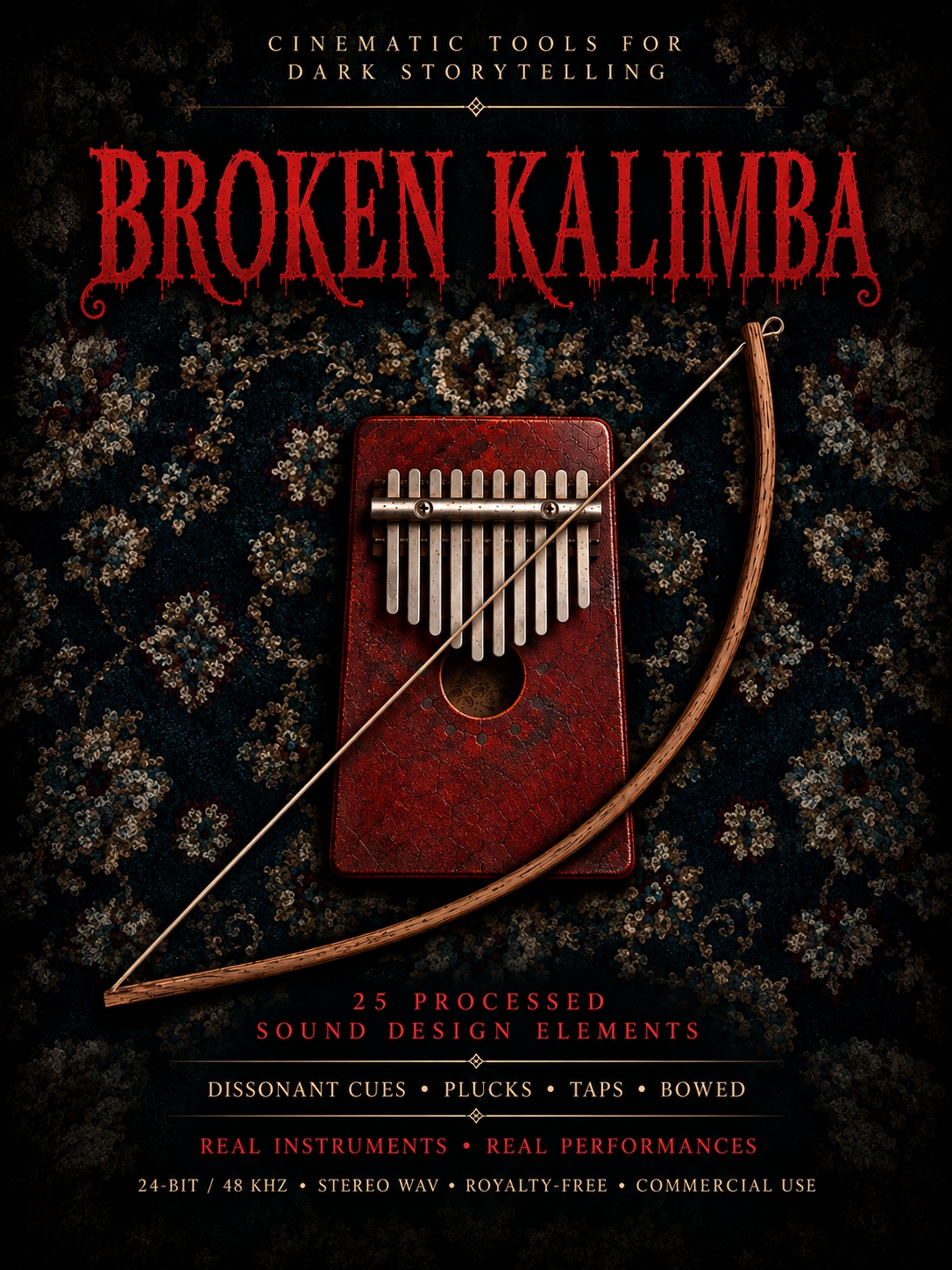 Experimental broken kalimba sound effects built for tension and unease, with organic plucks, sharp taps, bowed tones and dissonant textures. Ideal for film, trailers, horror, suspense and cinematic game soundtracks.