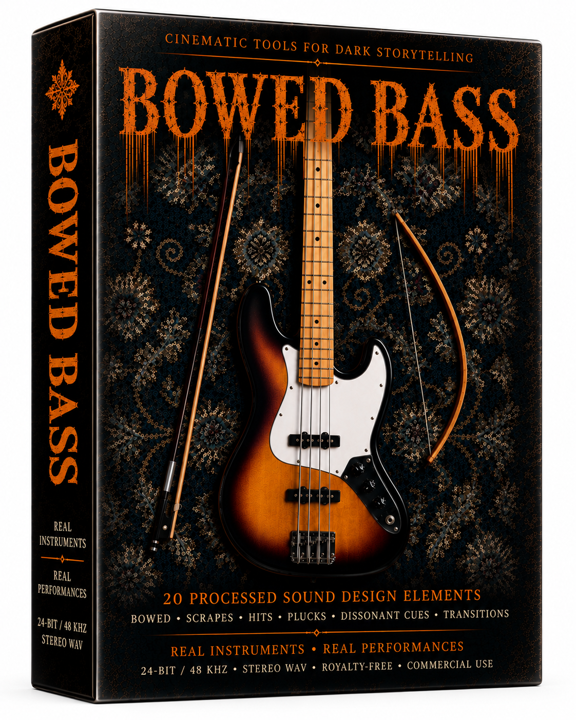 Bowed Bass cinematic sound design pack featuring 20 original bowed bass textures, deep rumbles, dissonant tones, tremolo, plucks and dark atmospheric cues for horror, suspense, film, trailers, games and cinematic storytelling.