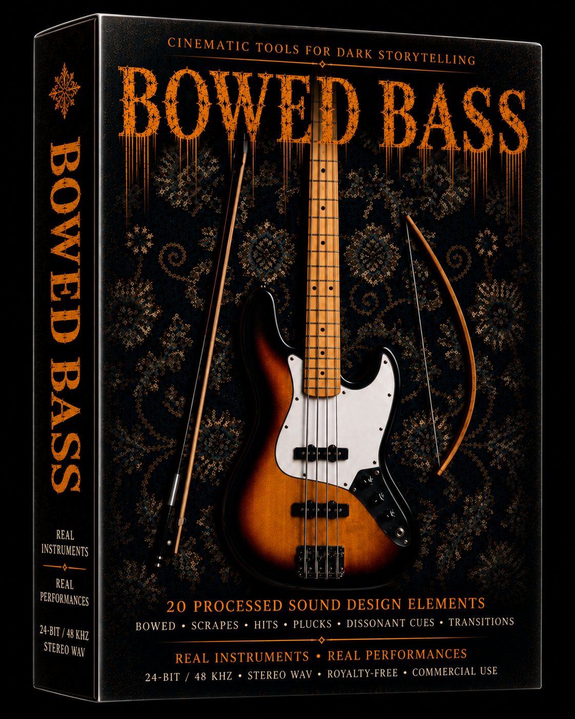 Dark cinematic sound design library featuring bowed bass textures, scrapes, hits, plucks, dissonant cues and transitions. Real instrument performances, 24-bit/48 kHz stereo WAV, royalty-free for film, games, trailers and horror scoring.