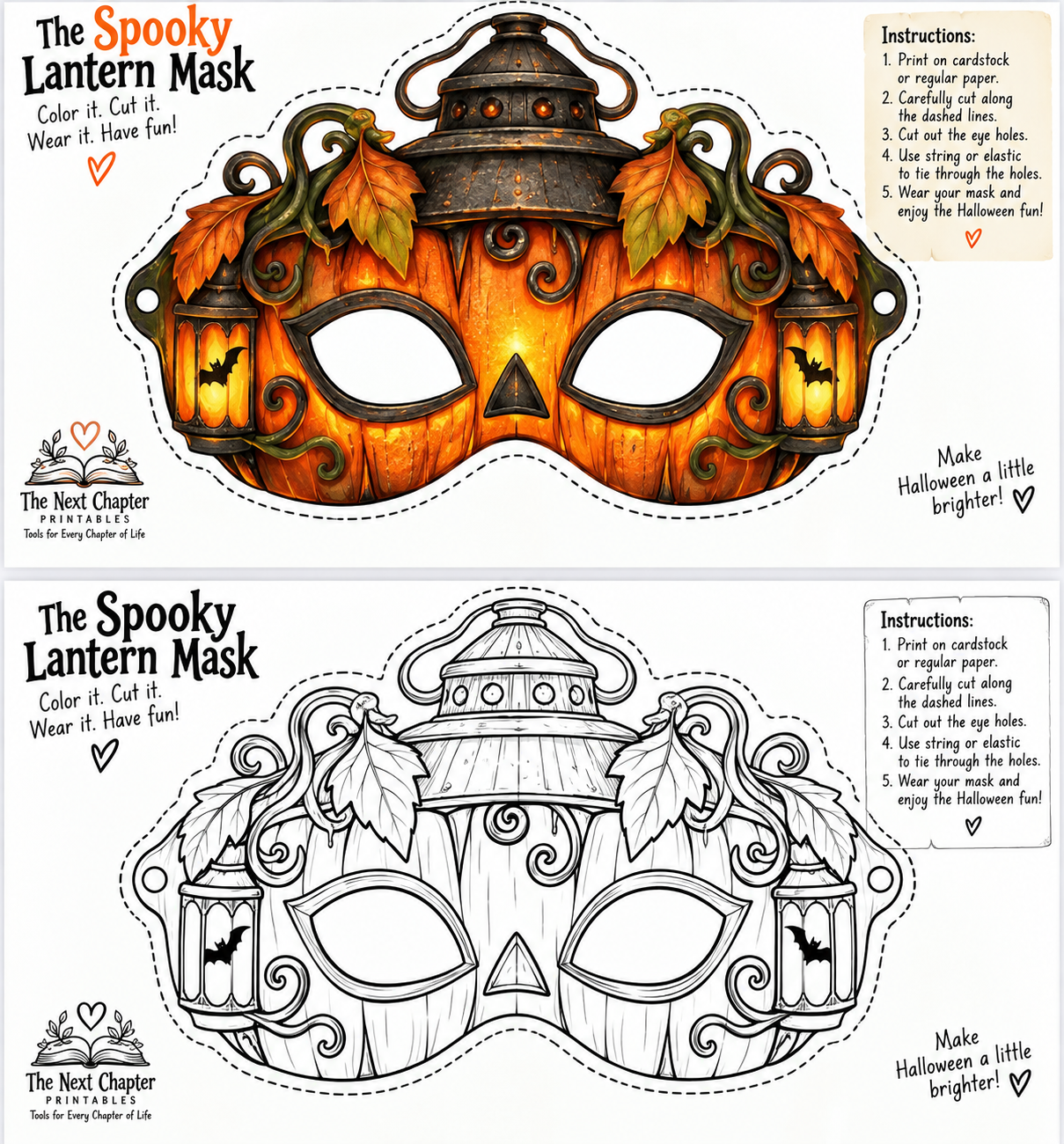 The Spooky Lantern Mask Halloween printable featuring a jack-o'-lantern character mask for kids.