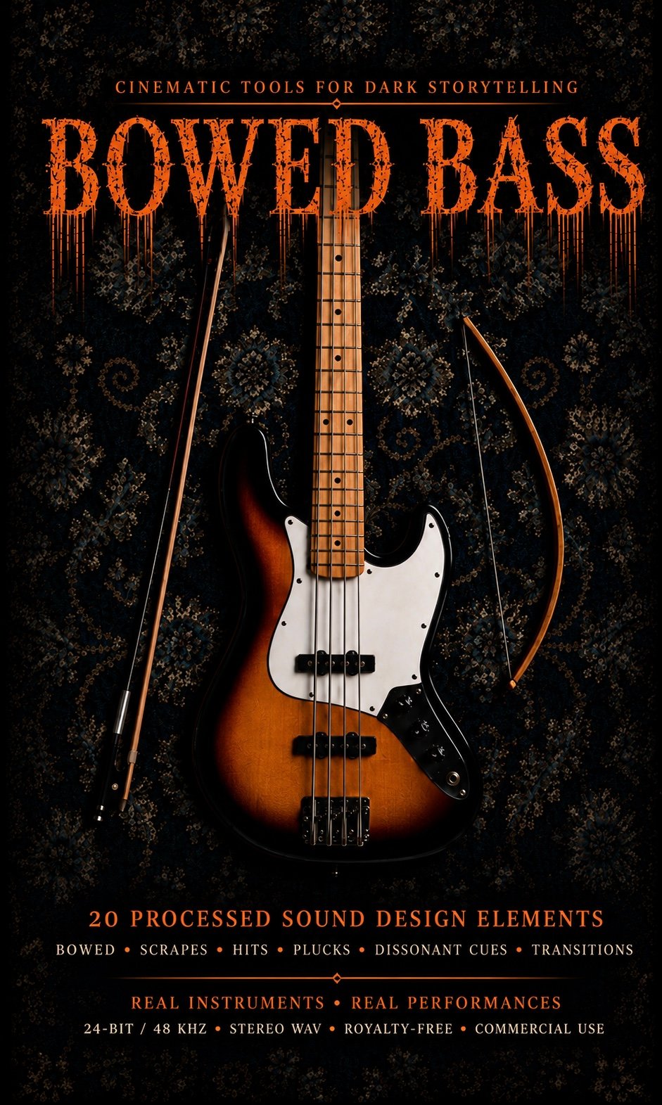Bowed Bass: 20 royalty-free cinematic horror sound effects created from real bass performances. Bowed friction, low resonance, dark frequencies, dissonant cues and transitions for filmmakers, game developers, composers and sound designers.