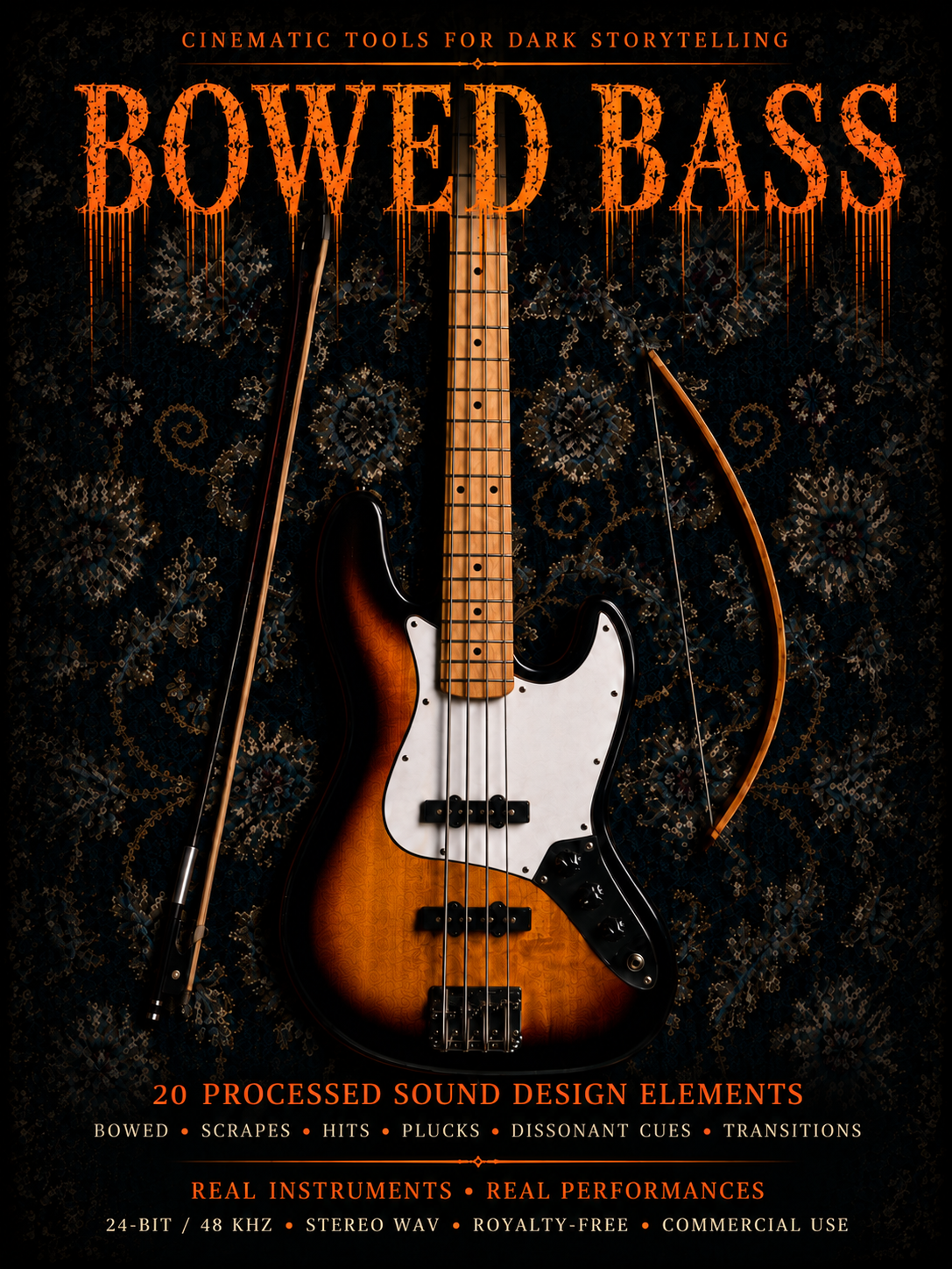 Bowed bass sound effects for dark cinematic scoring: eerie scrapes, aggressive hits, haunting plucks, dissonant textures and transitions. 24-bit/48 kHz stereo WAV, royalty-free for trailers, horror, games and film.