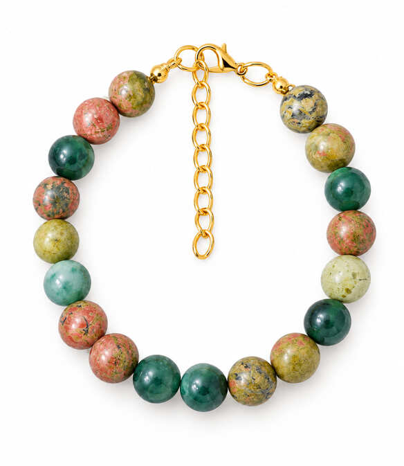 Handmade genuine Unakite and green Chalcedony gemstone bracelet with gold-toned clasp and adjustable extender chain