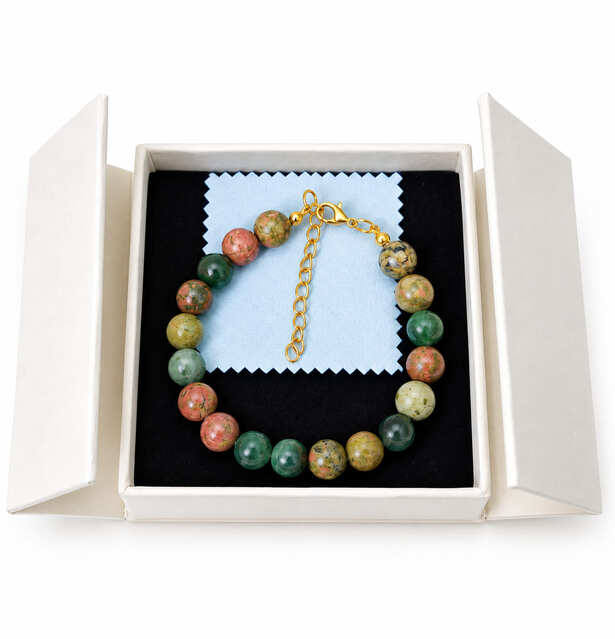 Genuine Unakite and green Chalcedony gemstone bracelet presented in a jewellery gift box with cleaning cloth