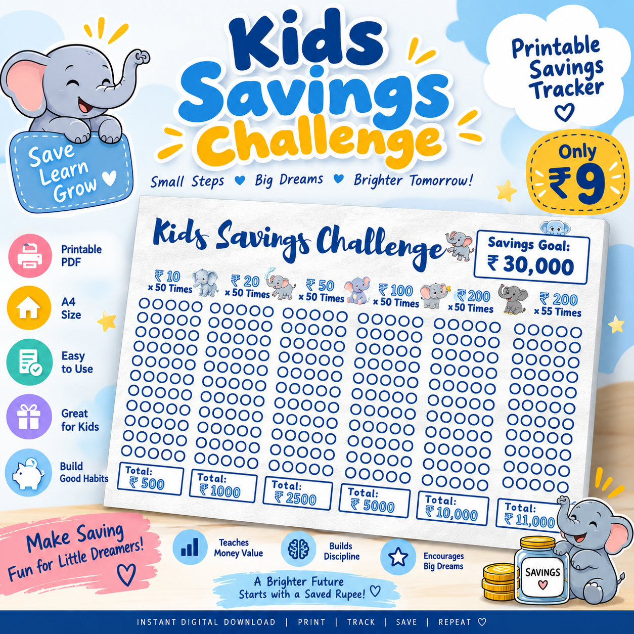 Kids Savings Challenge printable PDF with ₹30,000 savings goal by Zyro Studio