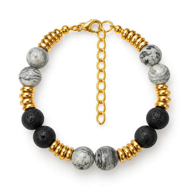 Handmade genuine black Lava Stone and grey Map Jasper gemstone diffuser bracelet with gold-toned spacers and adjustable chain