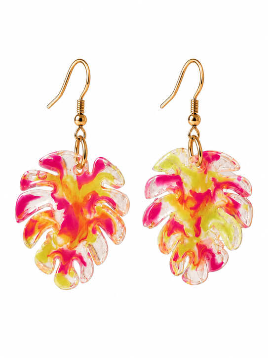 Colourful handmade Monstera leaf resin drop earrings with gold-tone ear wires