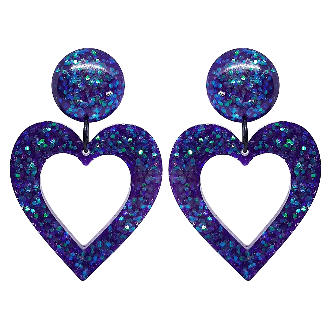 Retro 1980's 80s Style Purple Glitter Heart Earrings by Atomic Cat