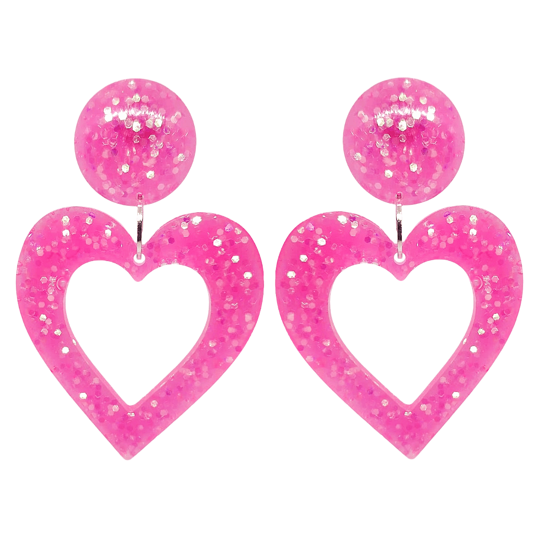 Retro 1980's 80s Style pink Glitter Heart Earrings by Atomic Cat