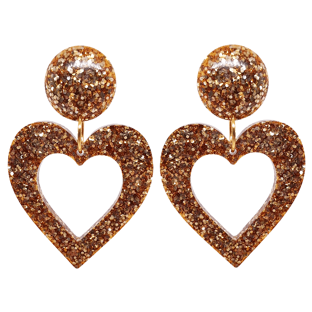 Retro 1980's 80s Style Gold Glitter Heart Earrings by Atomic Cat