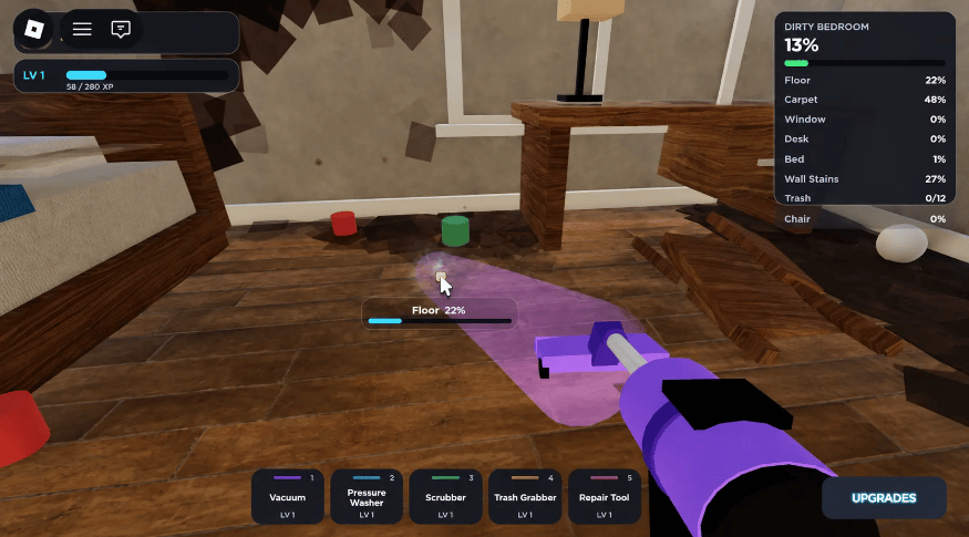 Cleaning simulator tool upgrade menu