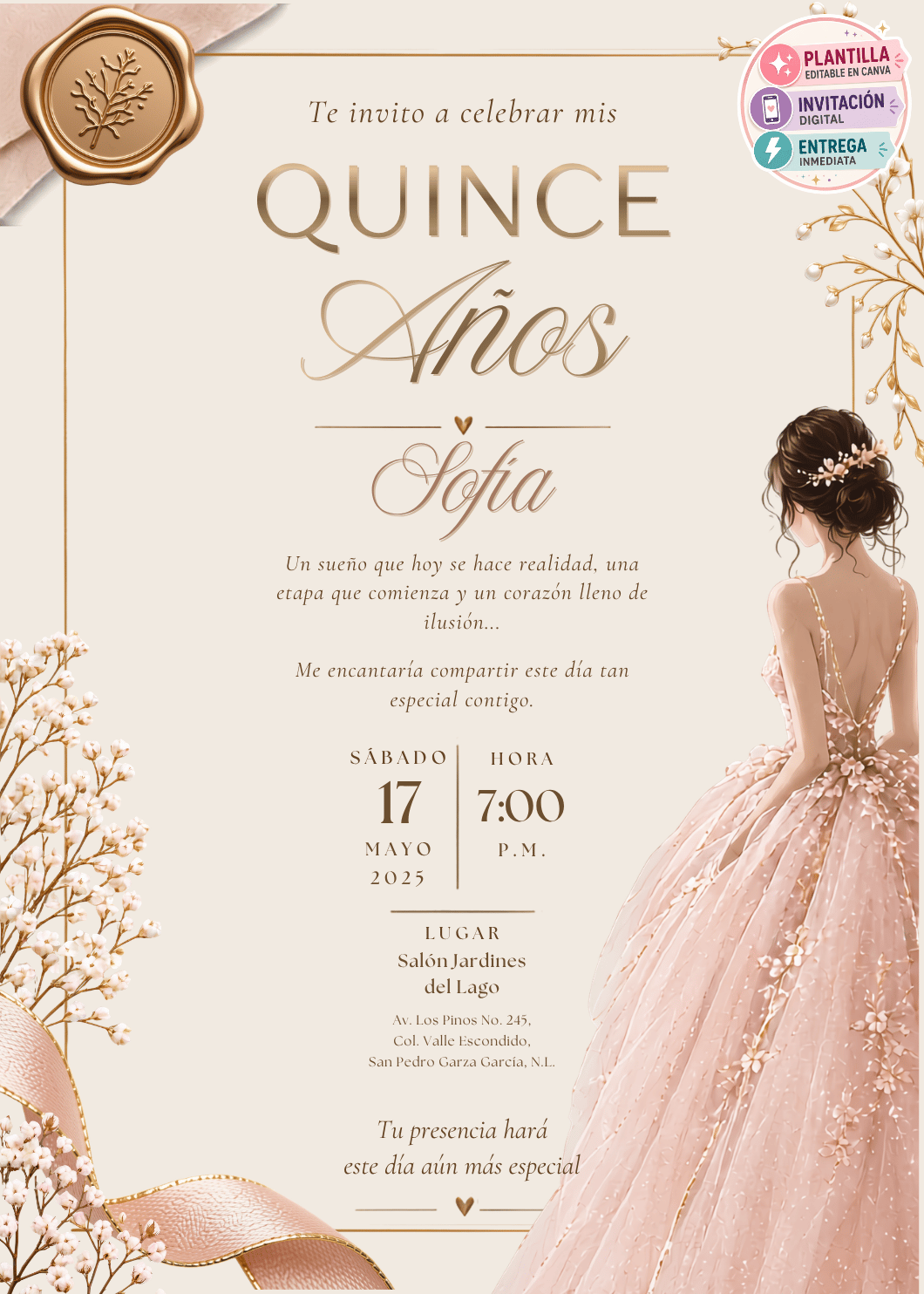 Plantilla de Invitación Quinceañera, cumple quince años elegante
