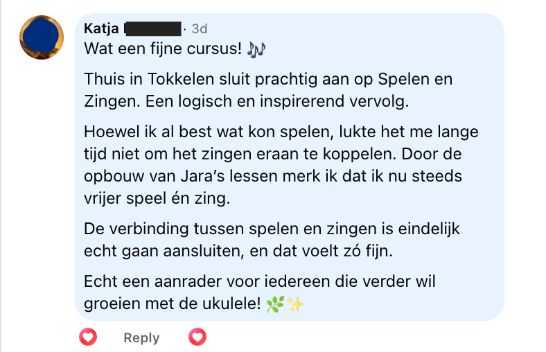 review over Les van Jara's Thuis in Tokkelen ukulele fingerstyle cursus van cursist Katja op facebook: "Wat een fijne cursus! Thuis in Tokkelen sluit prachtig aan op Spelen én Zingen. Een logisch en inspirerend vervolg."