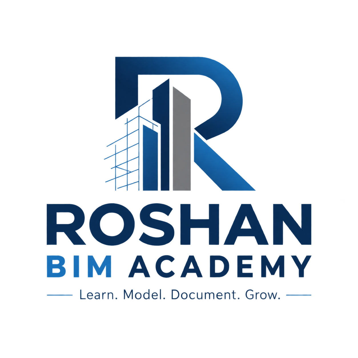 Roshan BIM Academy logo for Revit, BIM, civil engineering, structural modeling, and architectural design learning.