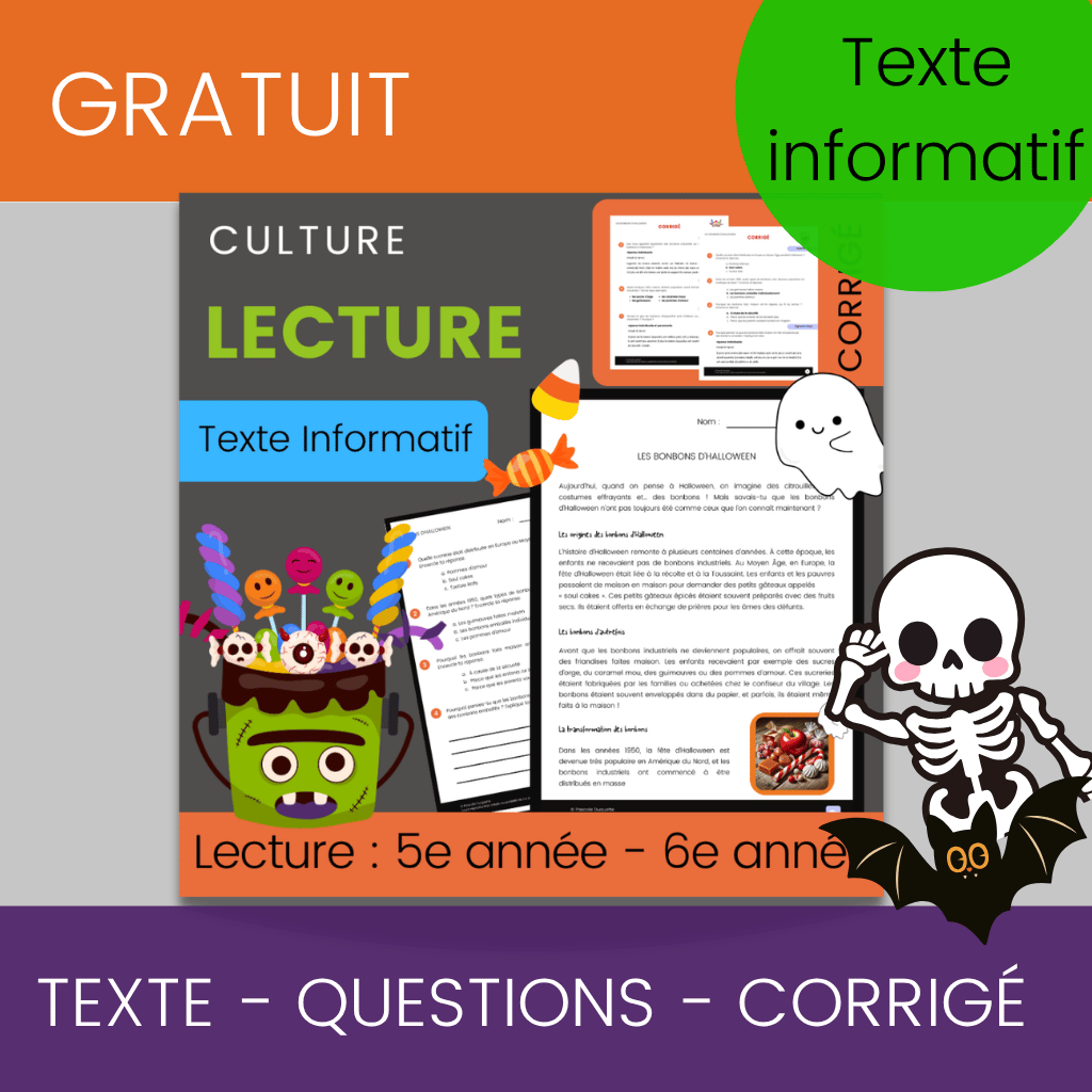 Compréhension de lecture informative sur les bonbons d’Halloween pour les élèves de 5e et 6e année.
