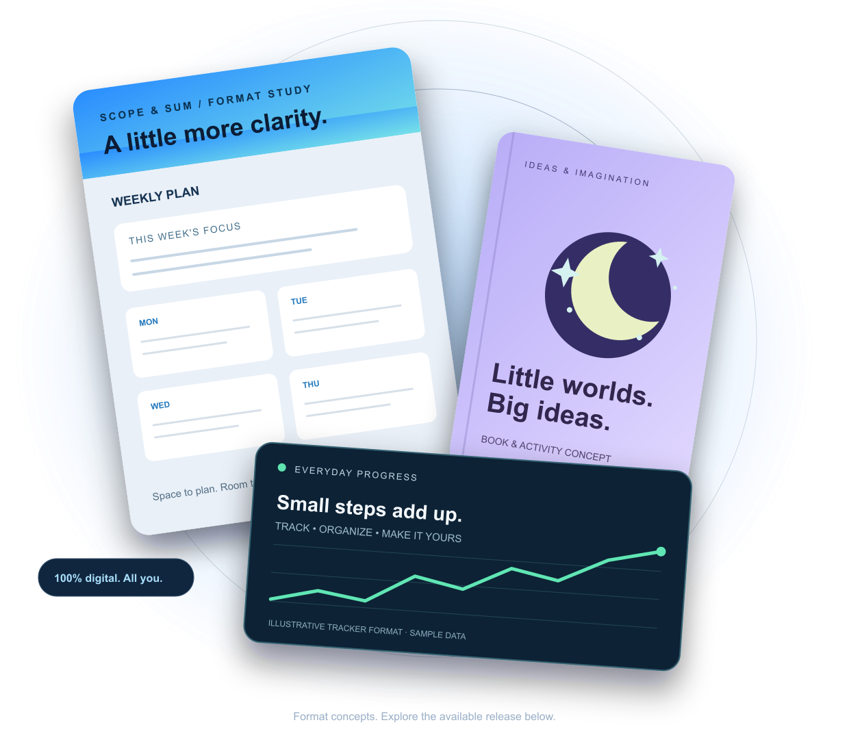Illustrative planning, activity-book and tracking formats for Scope & Sum. These concept designs are not product previews; the available products and their actual previews are listed below.