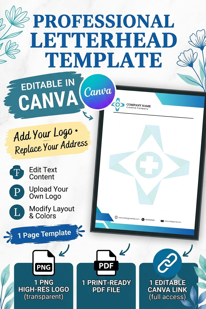 Business Letterhead, Editable Letterhead, Canva Letterhead, Professional Letterhead, Business Template, Canva Template, Company Letterhead, Corporate Letterhead, Office Template, Editable Business Template, Digital Template,  hospital  clinic Printable Letterhead, Professional Business Template