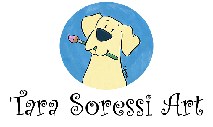 An illustration of a cute yellow Lab holding a paintbrush. Below it reads, "Tara Soressi Art," as Tara Soressi is the artist.