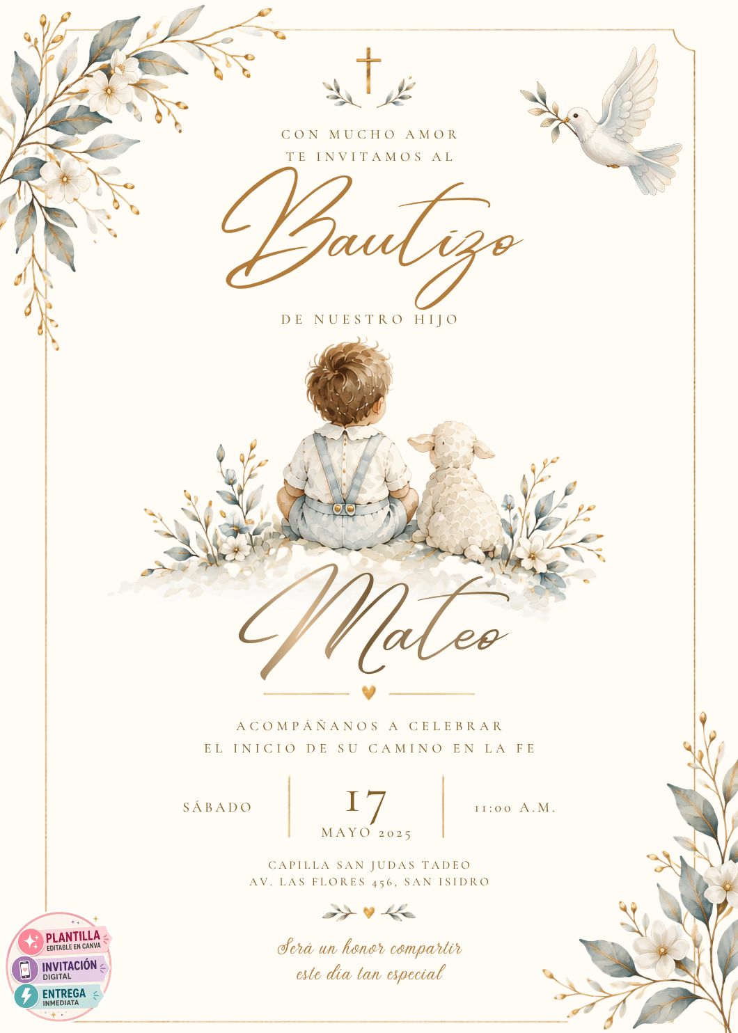 Invitación Borreguito Niño Bautizo | Plantilla Editable