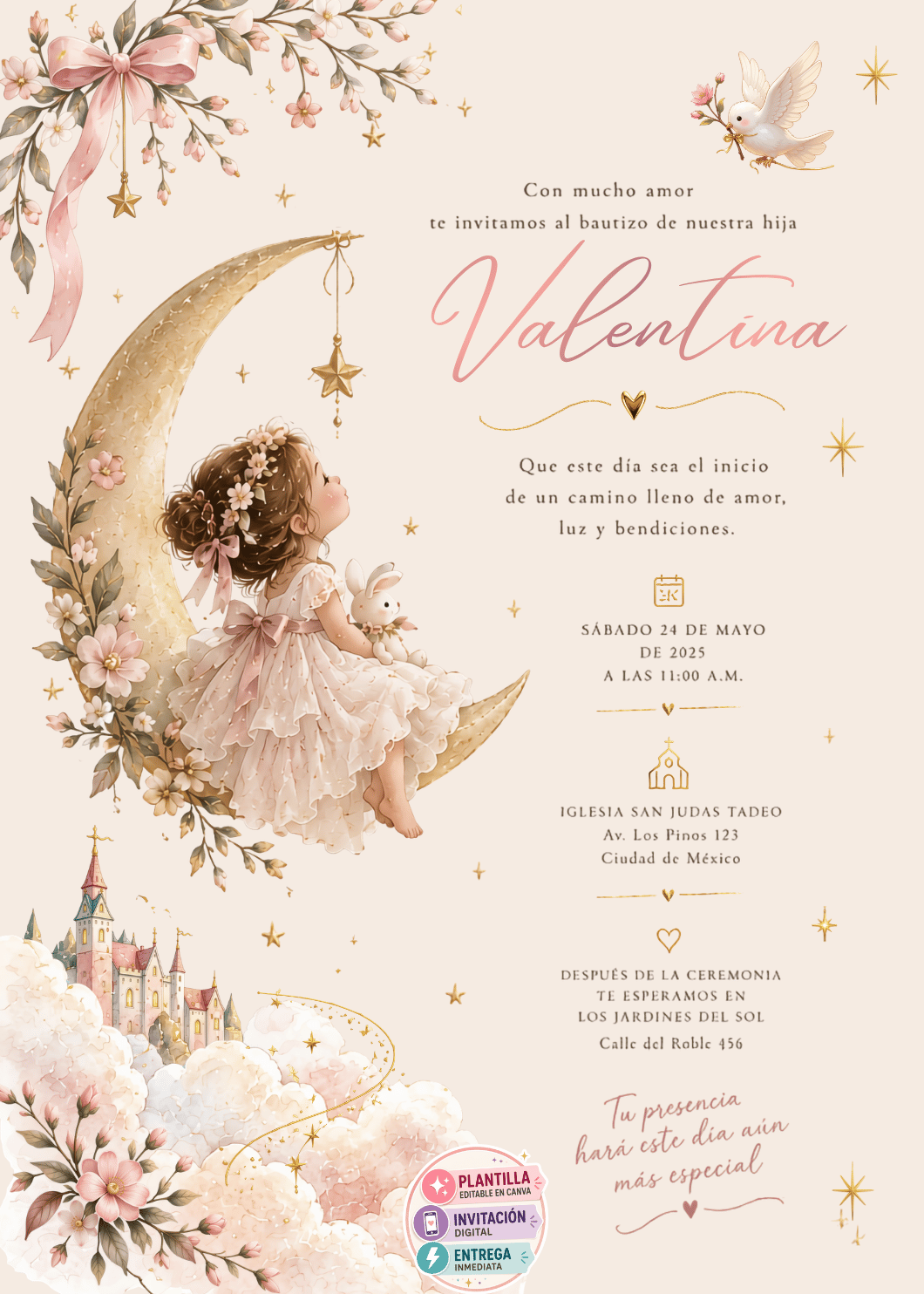 Invitación de Bautizo Niña Luna y estrellas, plantilla editable