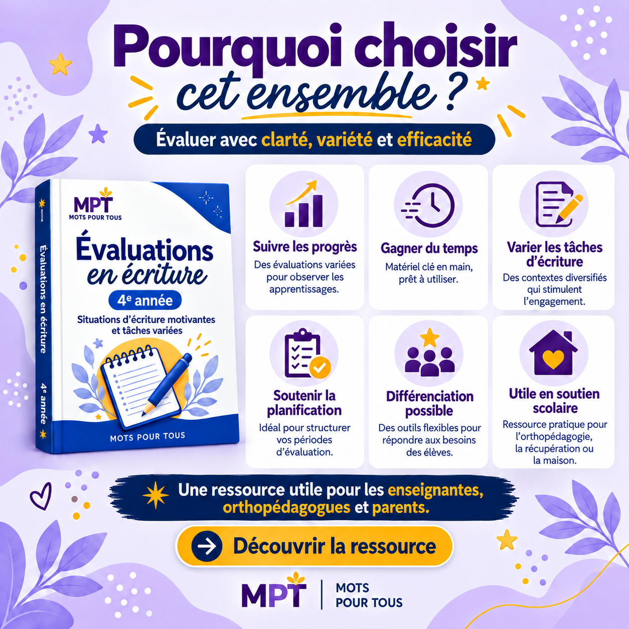 Évaluations en écriture 4e année pour suivre les progrès, gagner du temps, varier les tâches et soutenir la planification toute l’année.