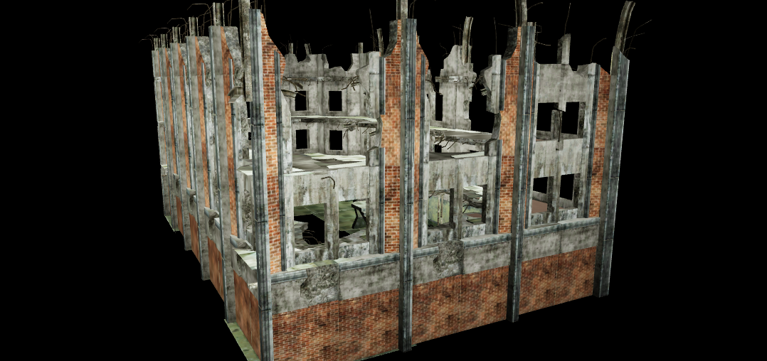 Ruined multi-level building facade