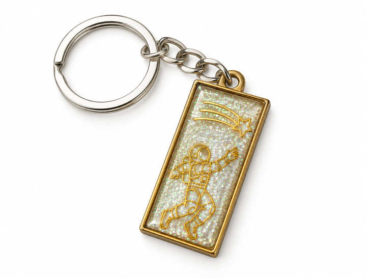 Handmade rectangular cosmic resin keychain featuring a gold line art astronaut reaching toward a shooting star, embedded in white iridescent glitter resin inside a vintage bronze metal frame.