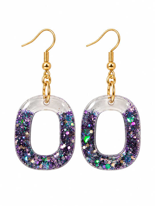 Handmade purple iridescent glitter resin open-oval drop earrings with gold-tone ear wires