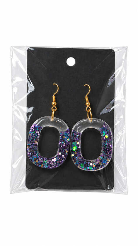 Purple glitter resin drop earrings displayed on black jewellery card in protective packaging