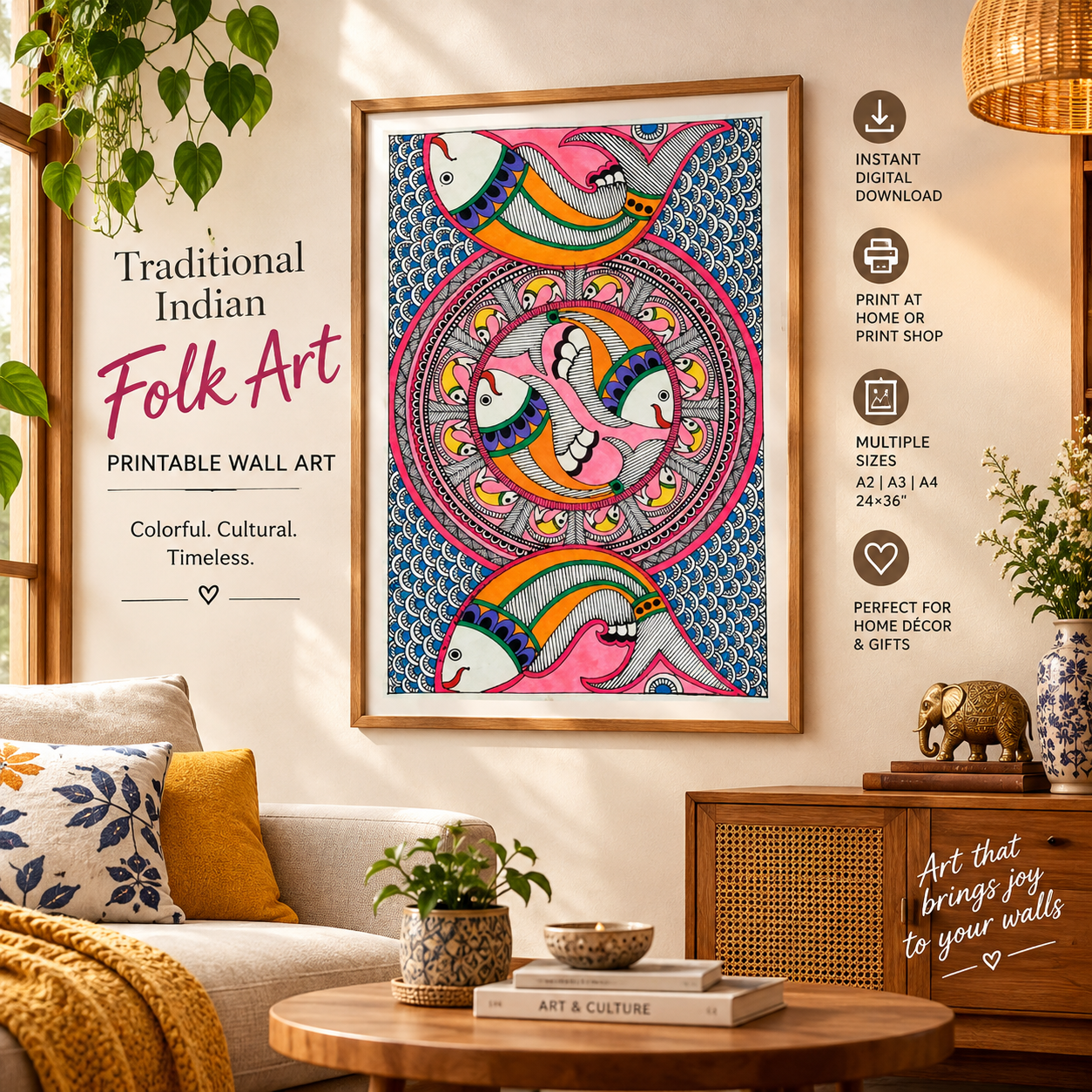 traditional Indian art, Indian folk art, Indian fish art, fish wall art, printable wall art, printable Indian art, handmade wall art, Indian wall decor, digital wall art, Indian home decor, folk art printable, colorful wall art, printable artwork, cultural wall art, fish artwork, digital download art, printable home decor, A2 wall art, A3 wall art, A4 wall art, 24x36 wall art, Indian art print, handmade Indian artwork, unique wall decor, folk inspired art, home wall decoration, gallery wall art, colorful printable art