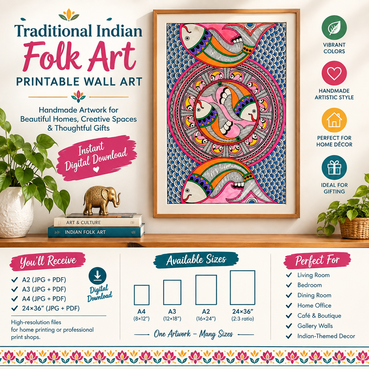 traditional Indian art, Indian folk art, Indian fish art, fish wall art, printable wall art, printable Indian art, handmade wall art, Indian wall decor, digital wall art, Indian home decor, folk art printable, colorful wall art, printable artwork, cultural wall art, fish artwork, digital download art, printable home decor, A2 wall art, A3 wall art, A4 wall art, 24x36 wall art, Indian art print, handmade Indian artwork, unique wall decor, folk inspired art, home wall decoration, gallery wall art, colorful printable art